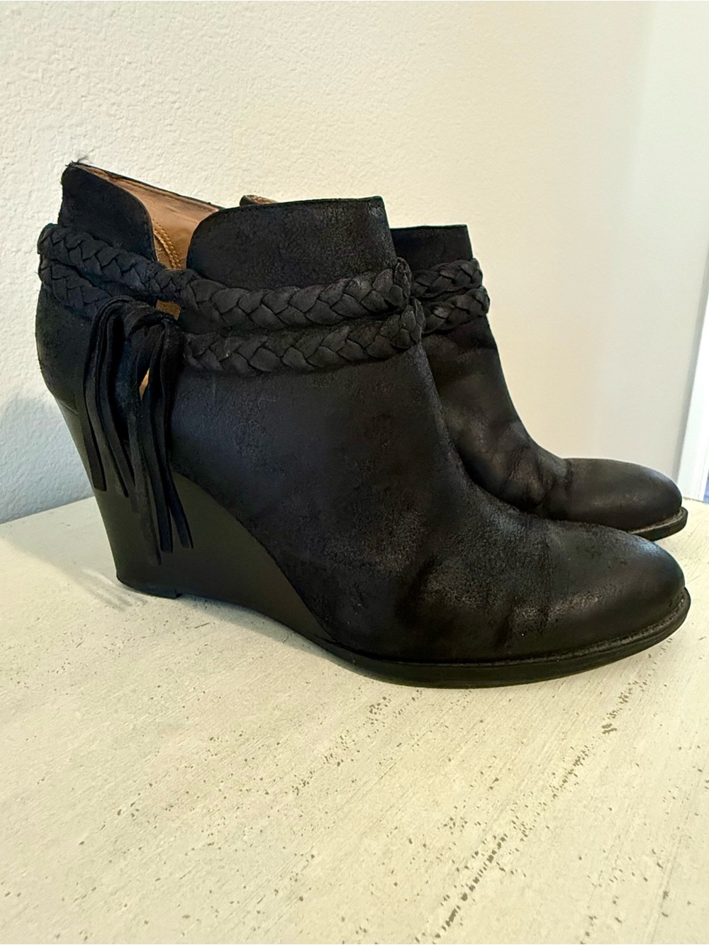 Franco Sarto Leather Braided Tassel Wedge Ankle Boot in Black L-Loni 8